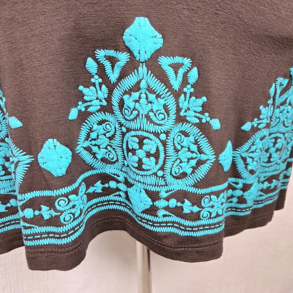 Ad Hoc Brown Mini Dress Turquoise Embroidered Cotton Knit Bohemian Women's S - Picture 5 of 9
